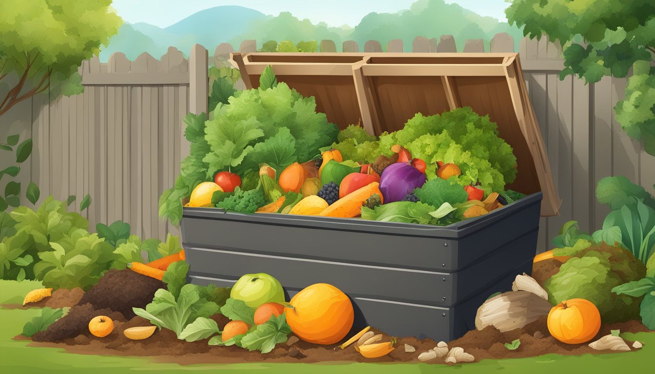 A backyard compost bin surrounded by a variety of organic waste materials, such as fruit and vegetable scraps, leaves, and grass clippings