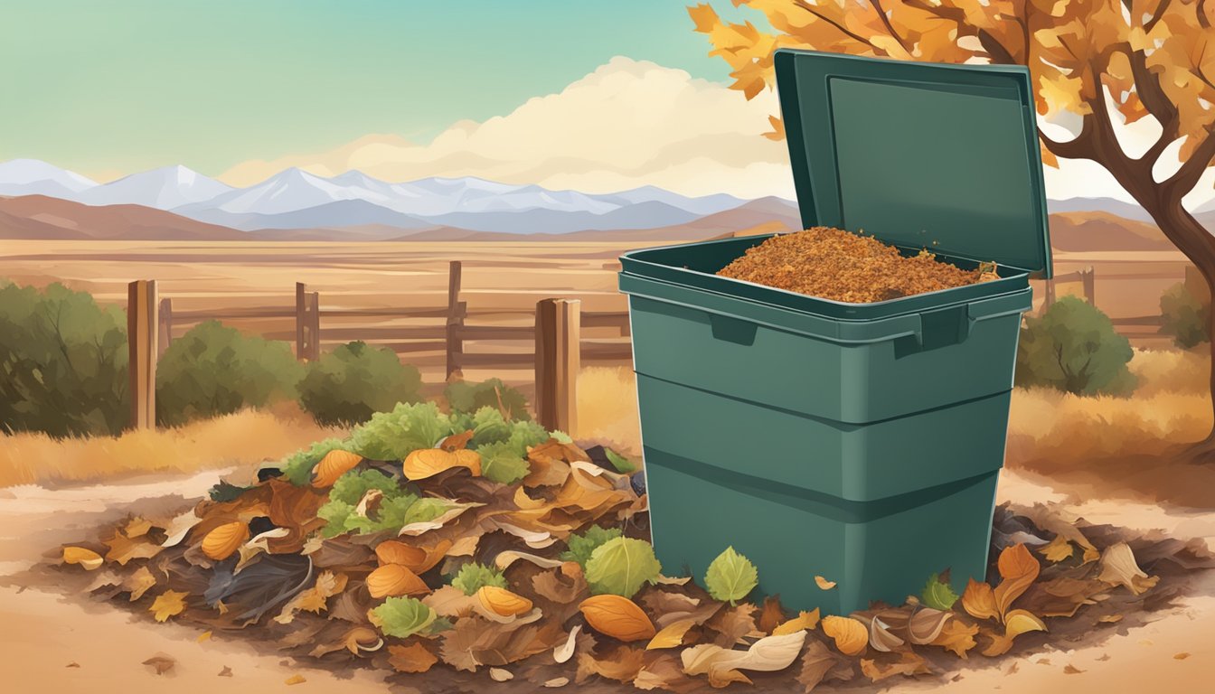 A backyard compost bin surrounded by dry, brown leaves and a mix of food scraps, with the backdrop of the Pueblo, CO landscape