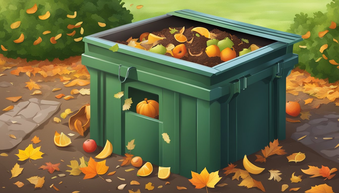 A backyard compost bin surrounded by a variety of organic waste, including fruit peels, vegetable scraps, and coffee grounds. Fallen leaves and twigs are scattered nearby