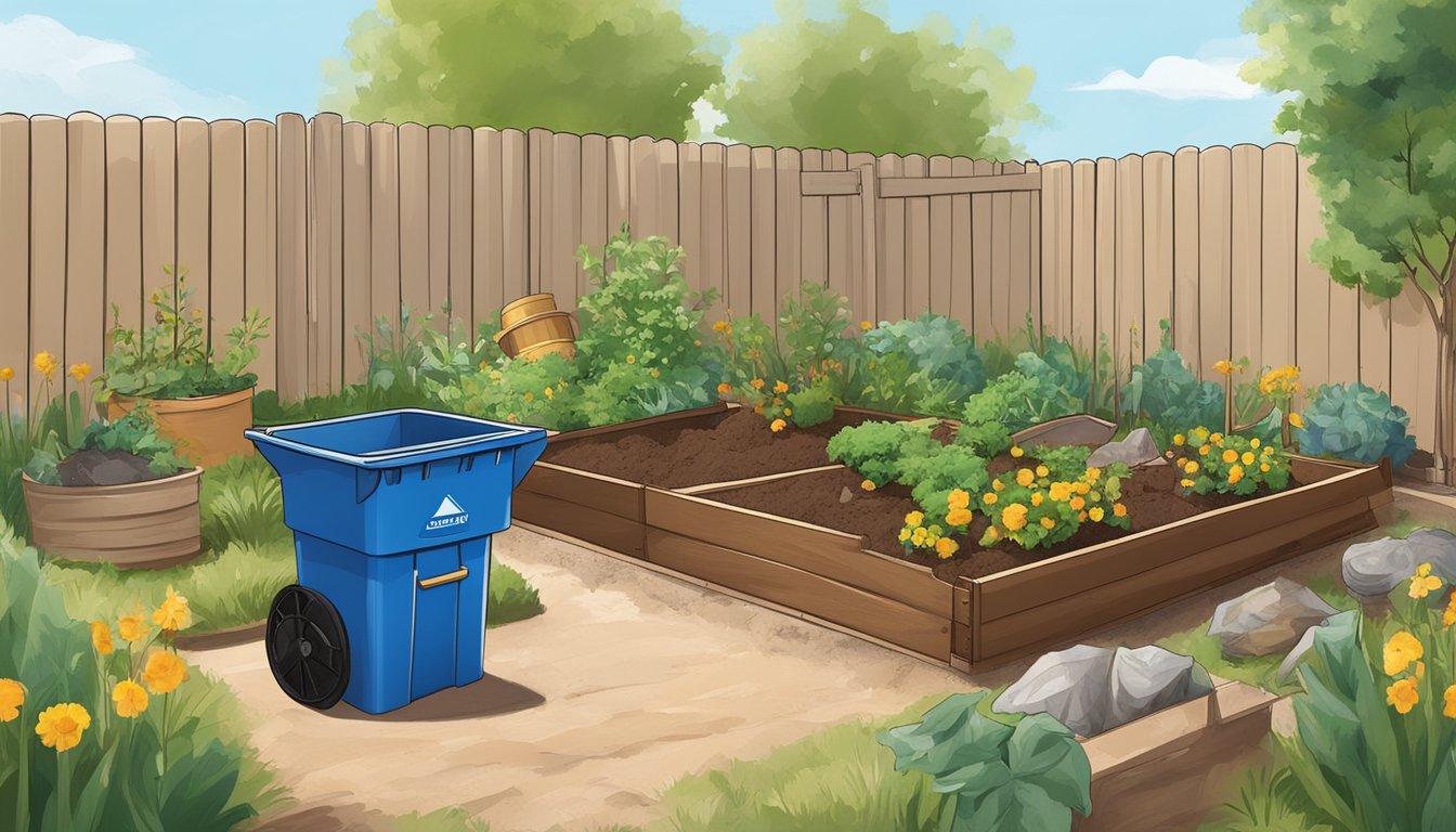 A backyard in Pueblo, CO with a compost bin, shovel, garden waste, and food scraps. A small garden plot nearby. Sunny day with blue sky