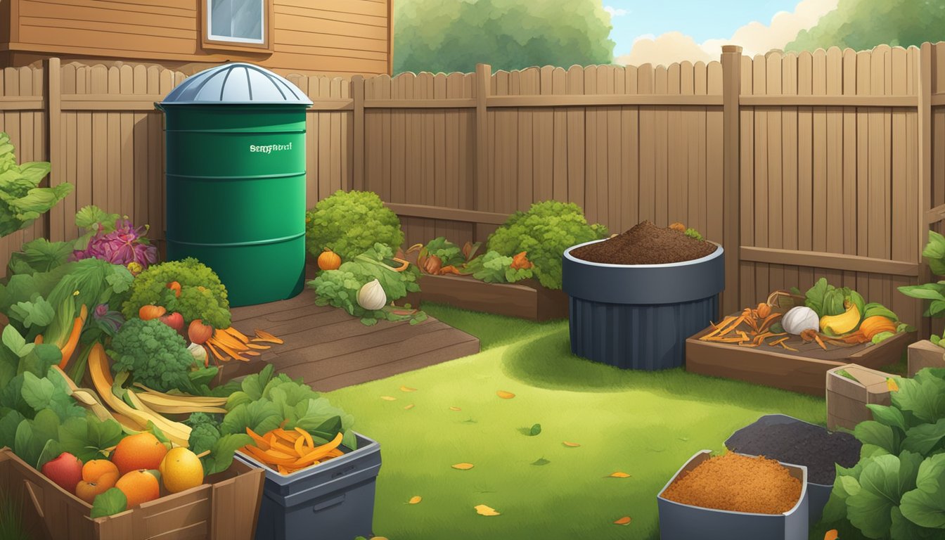 A backyard with a compost bin surrounded by a variety of organic materials such as fruit peels, vegetable scraps, and yard waste