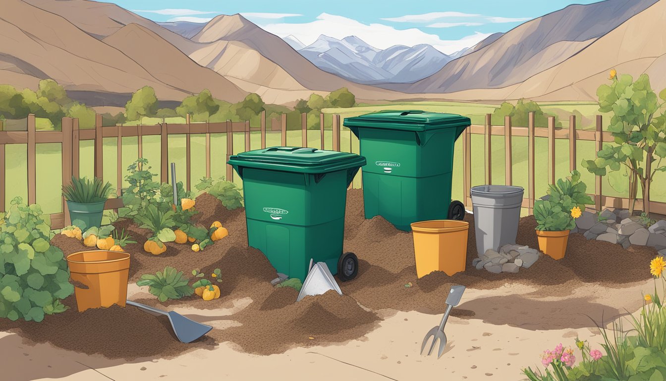 A backyard in Pueblo, CO with a compost bin, shovel, and various organic materials scattered around. The sun is shining and there are mountains in the background