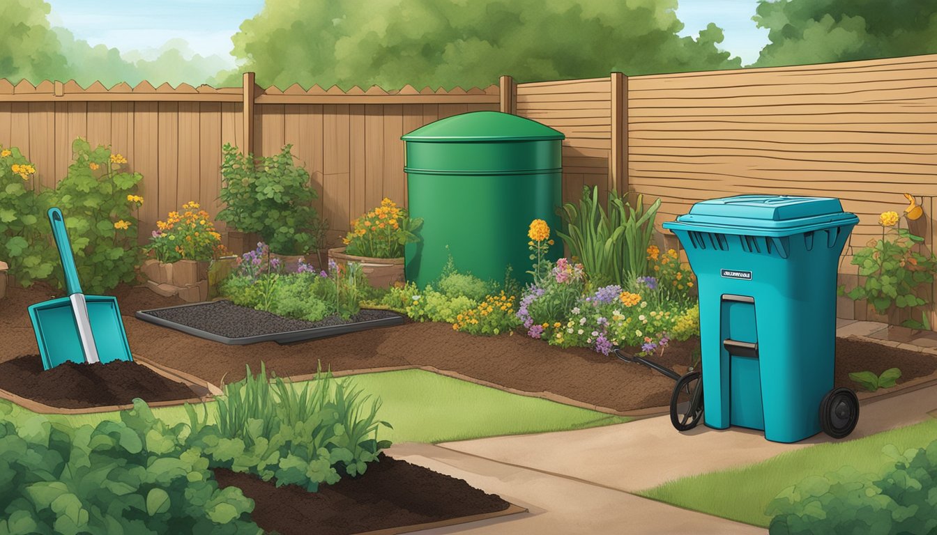 A backyard in Lakewood, CO with a compost bin, garden tools, and a variety of organic materials ready for composting