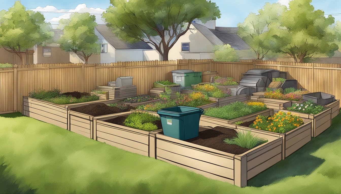 A sunny backyard with various composting bins and piles, surrounded by a mix of grass and garden beds in Pueblo, CO