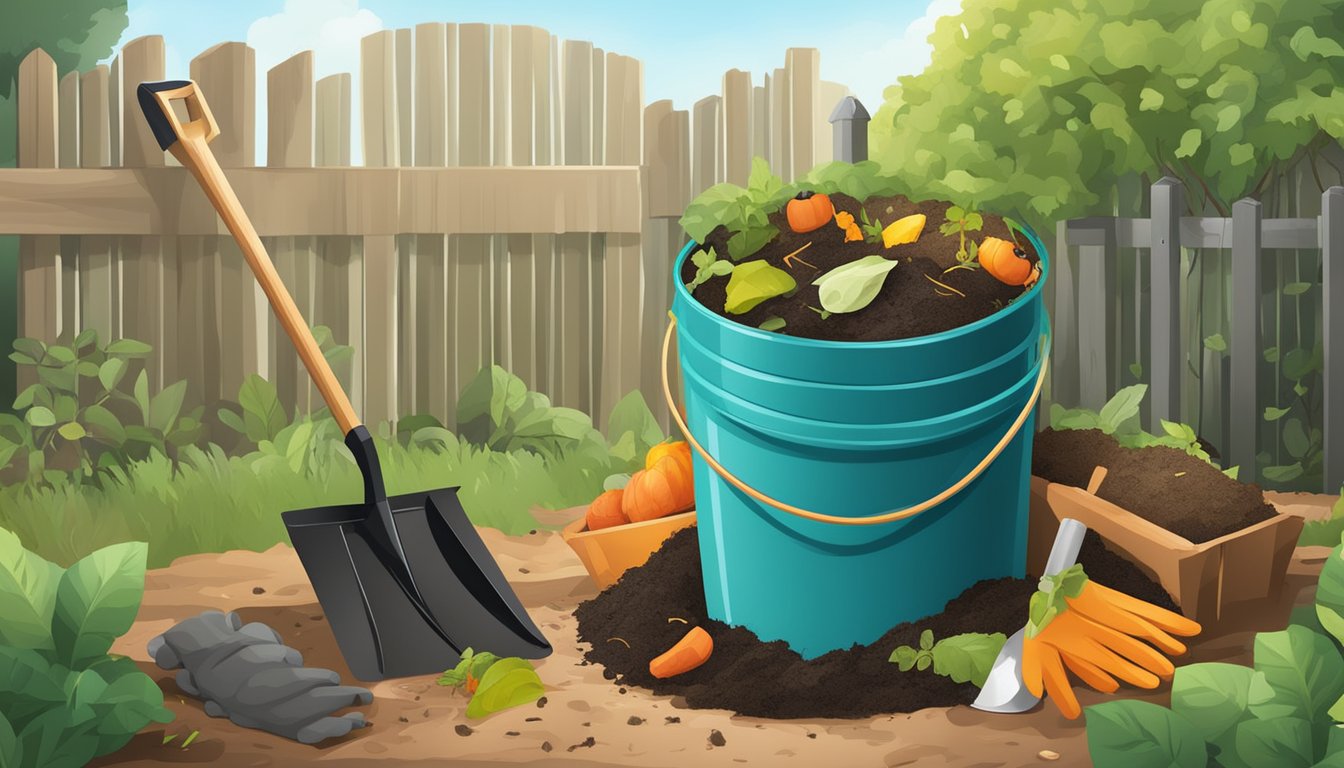 A backyard compost bin surrounded by various organic waste materials, with a shovel and gardening gloves nearby