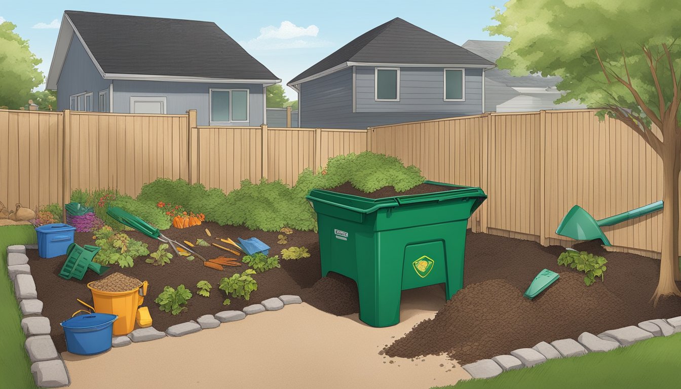 A backyard in Thornton, CO with a compost bin, garden tools, and a variety of organic waste being added to the compost pile