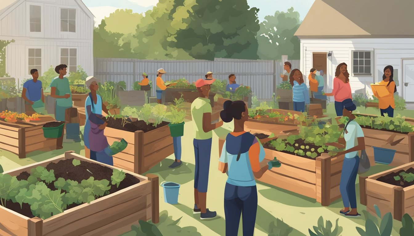 A group of people gather in a community garden, learning about composting from an enthusiastic educator. Raised beds and compost bins surround them