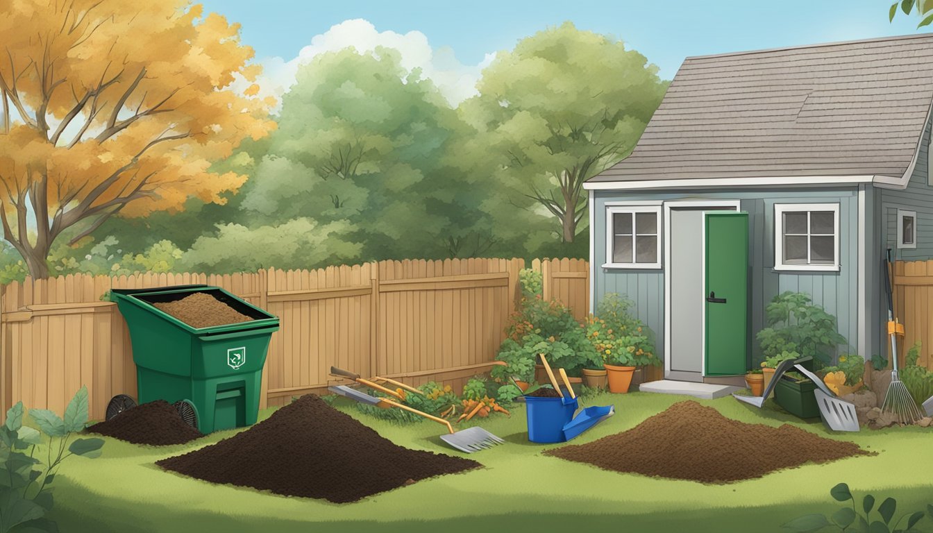 A suburban backyard with a compost bin, garden tools, and a variety of organic waste being added to the compost pile