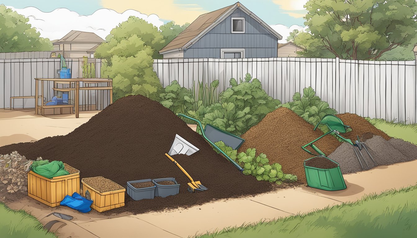 A backyard compost pile with a variety of organic materials, a compost bin, and a shovel in Thornton, CO