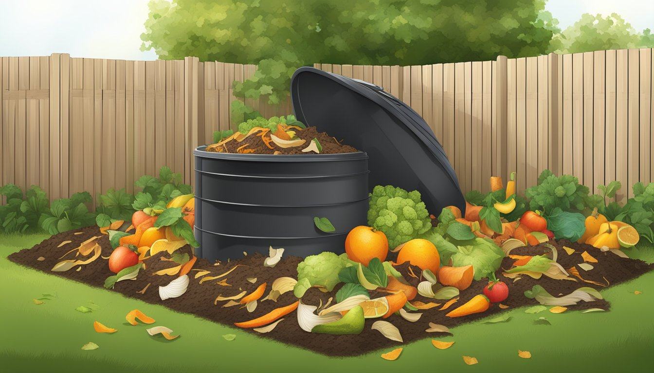 A backyard compost bin surrounded by a variety of organic waste, including fruit peels, vegetable scraps, and yard clippings