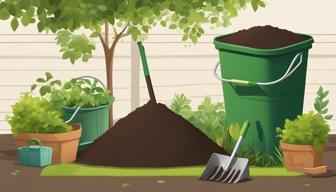 A backyard compost bin surrounded by a mix of green and brown organic materials, with a small shovel and a watering can nearby