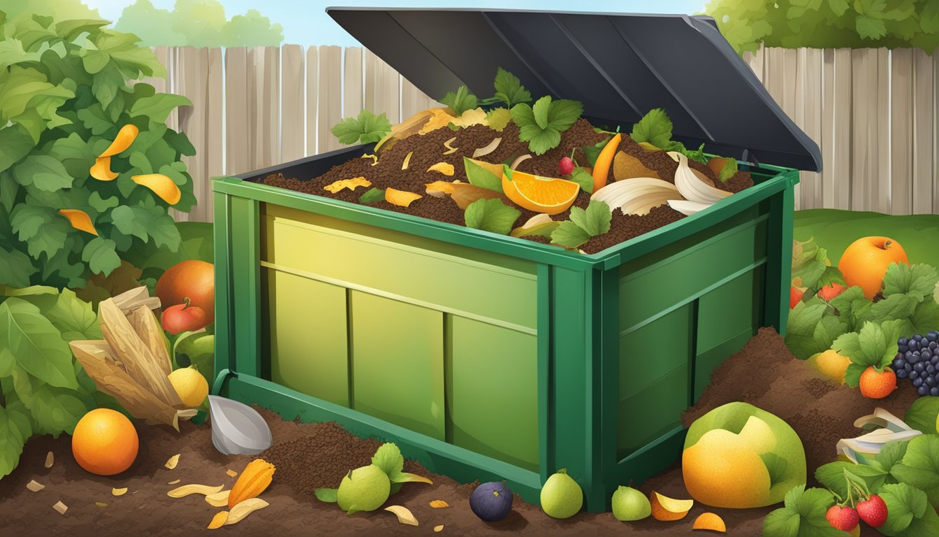 A backyard compost bin surrounded by a variety of organic waste materials, such as fruit peels, vegetable scraps, and yard clippings