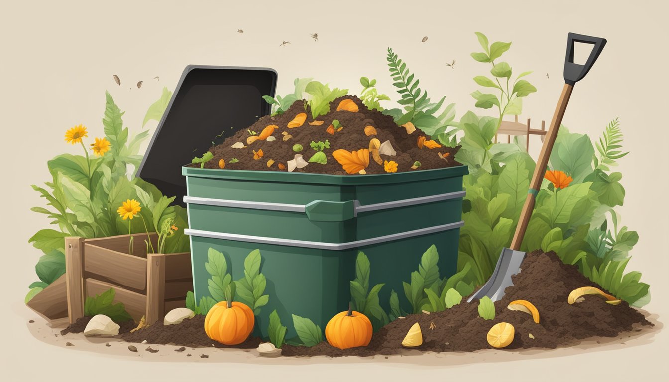 A backyard compost bin surrounded by various organic waste materials and a shovel