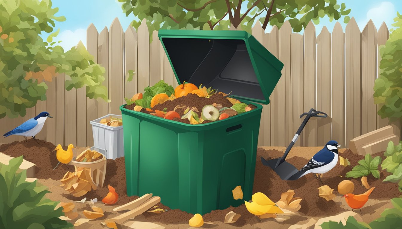 A backyard compost bin surrounded by a variety of food scraps, yard waste, and a shovel. The sun is shining, and birds are perched nearby