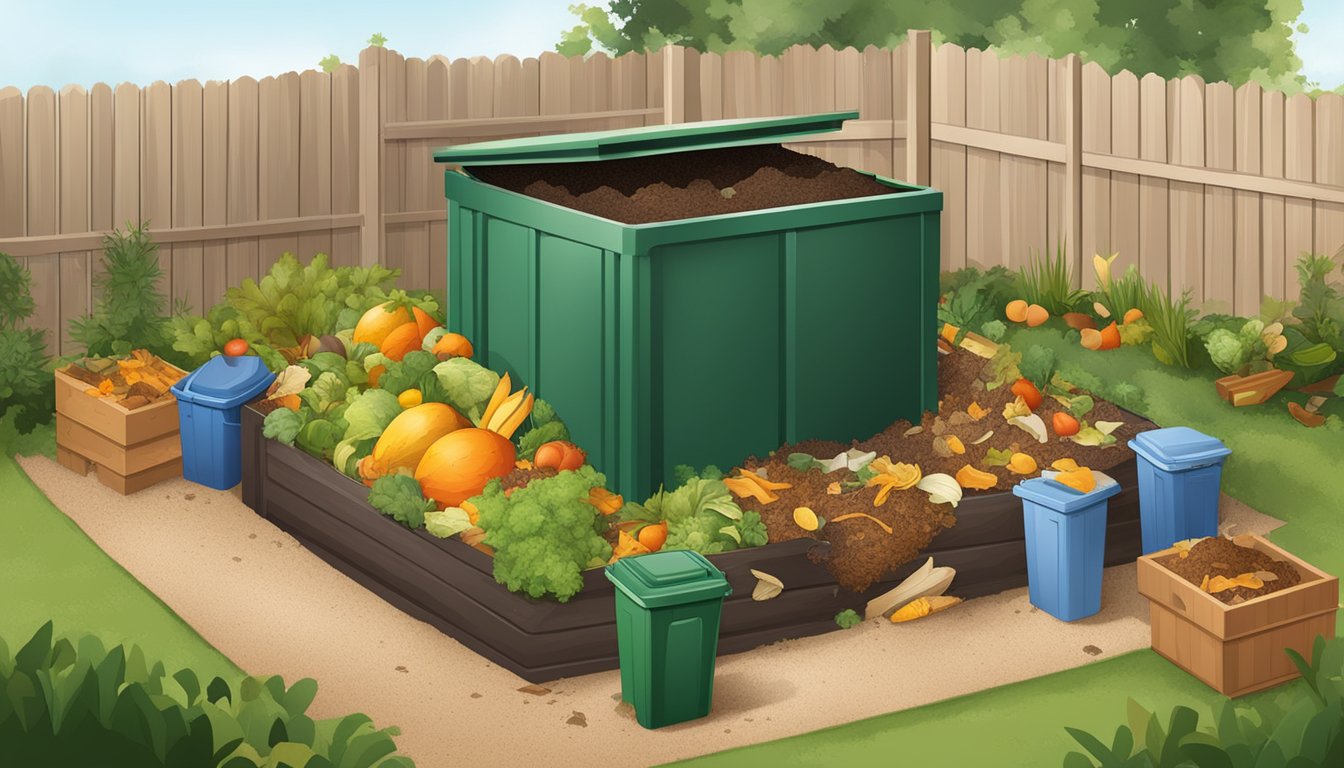 A backyard composting bin surrounded by a variety of organic waste materials, such as fruit peels, vegetable scraps, and yard clippings