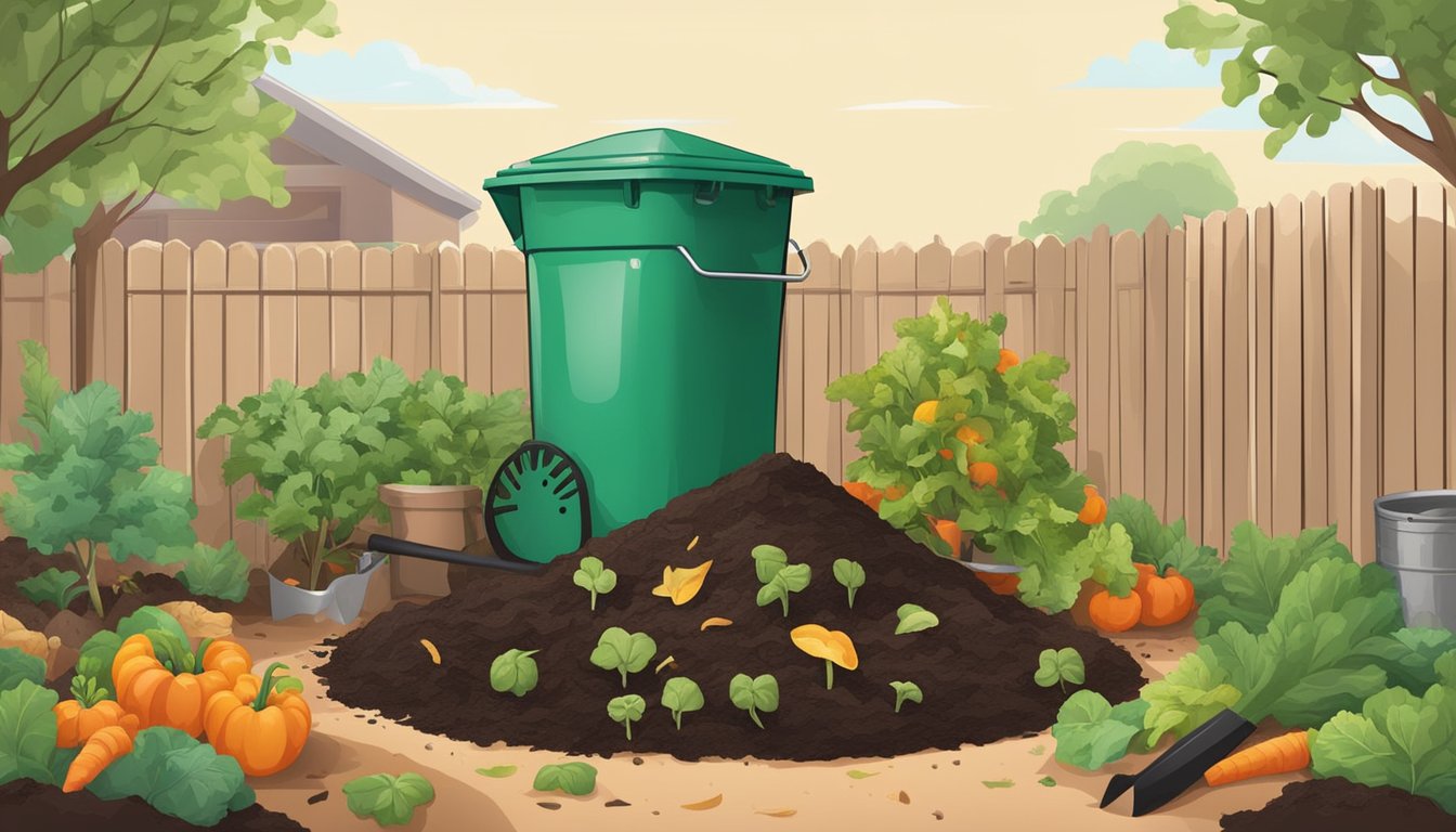 A backyard with a compost bin surrounded by vegetable scraps, leaves, and other organic waste. A shovel and gardening gloves are nearby