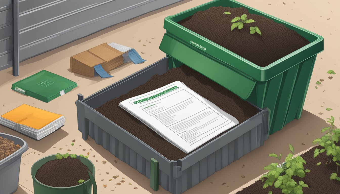 A compost bin surrounded by various compostable materials, with a maintenance guide book open nearby