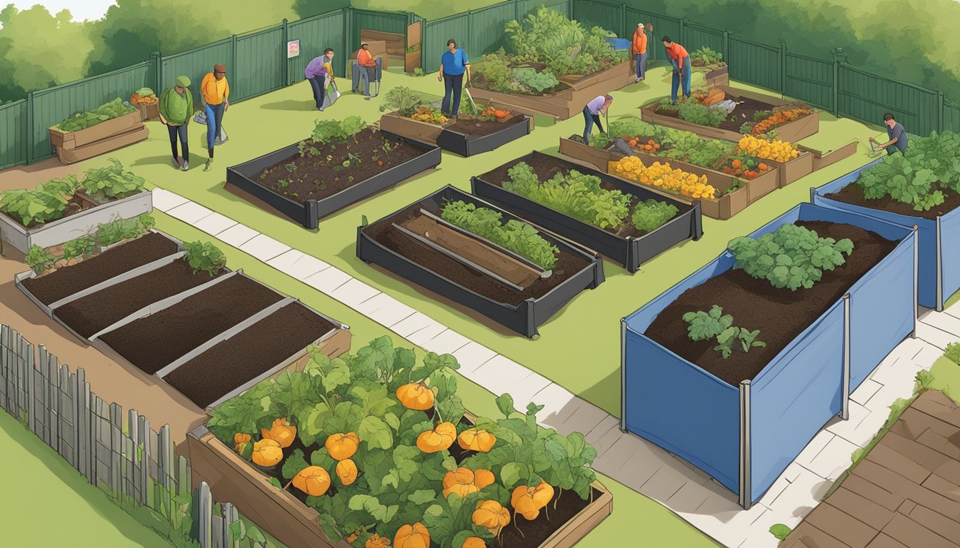 A community garden in Bridgeport, CT, with compost bins, volunteers, and a variety of organic waste being sorted and added to the compost piles