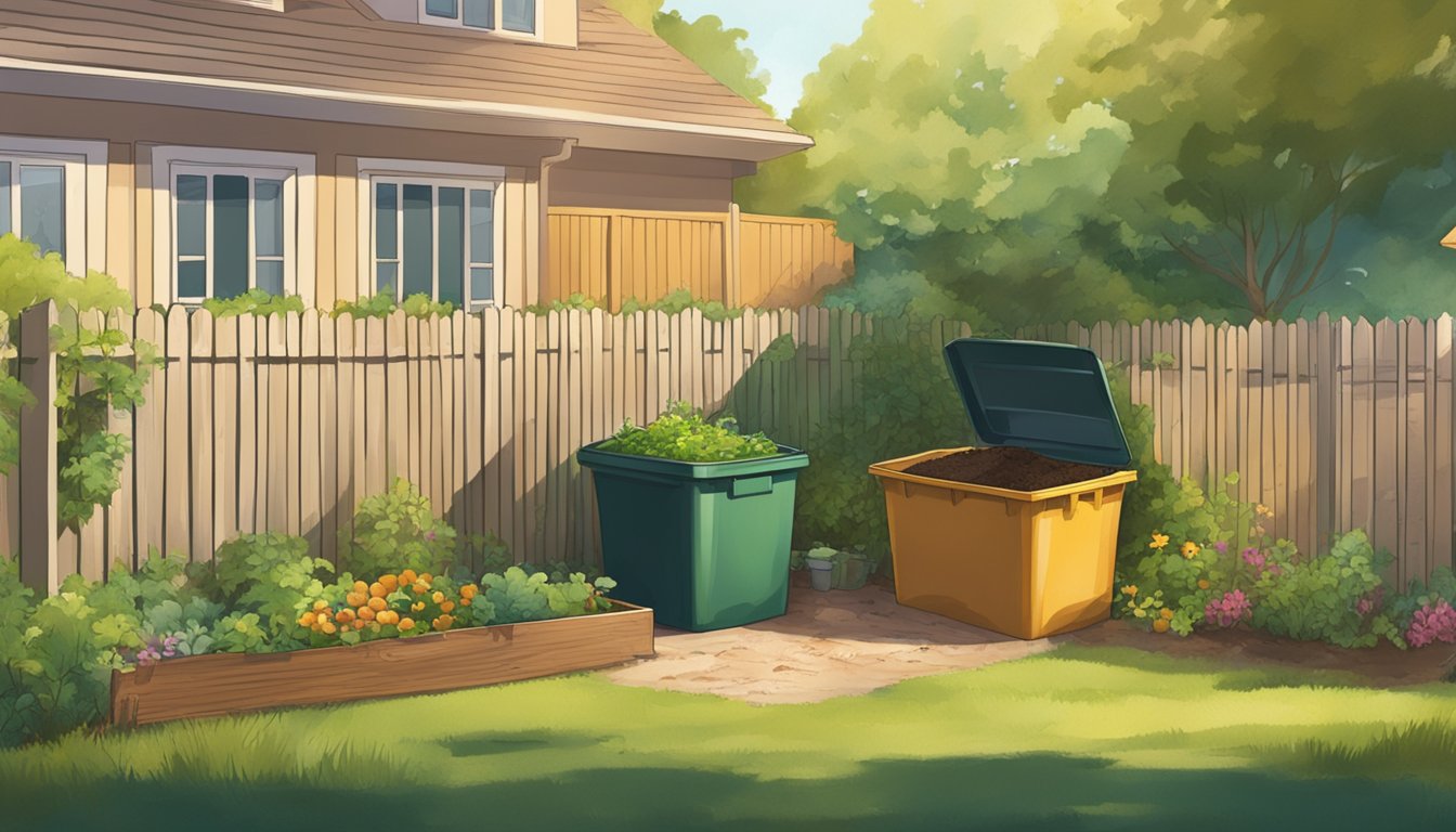 A sunny backyard with a compost bin, surrounded by greenery and a fence. A person in the distance is adding food scraps to the compost