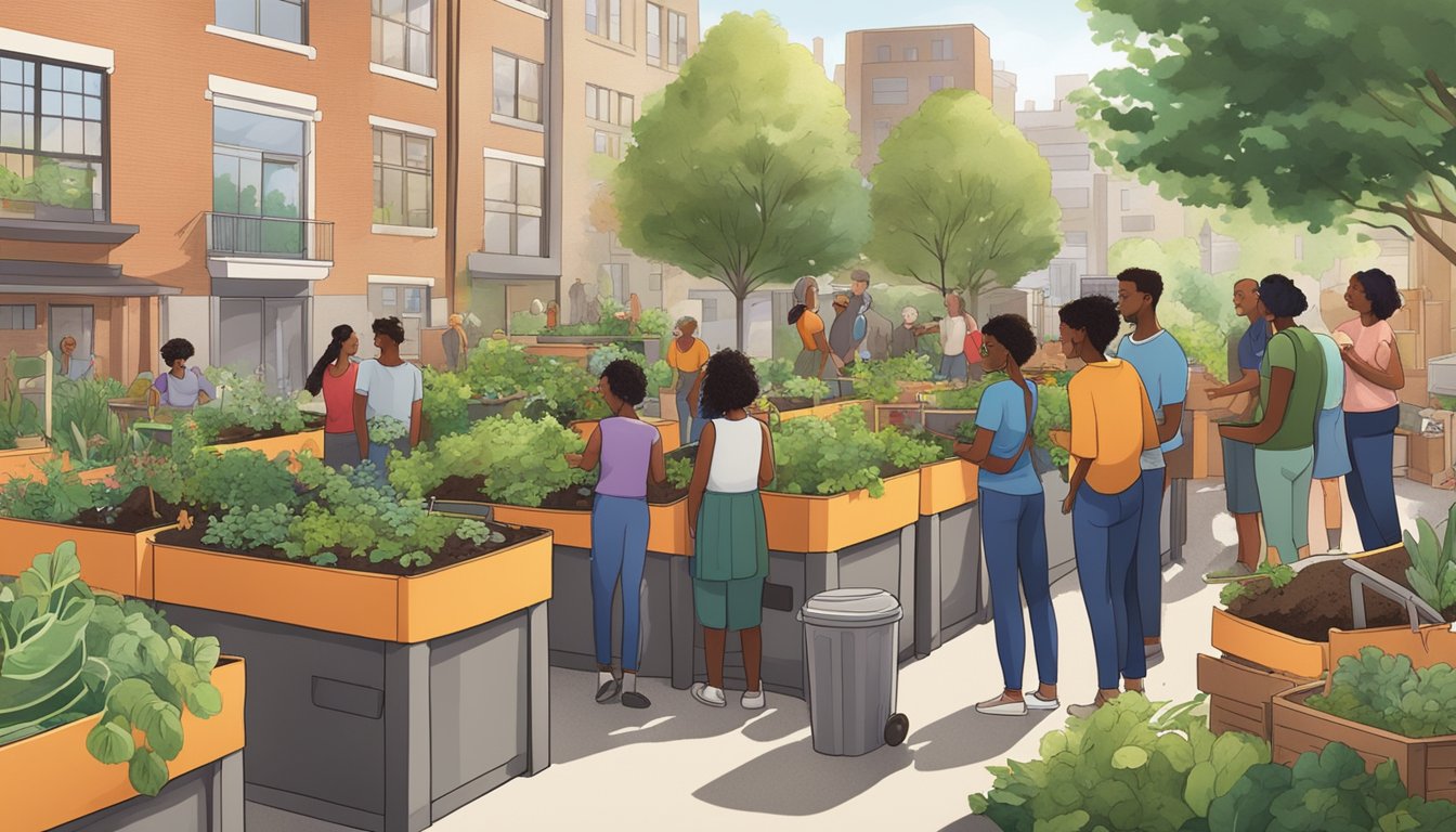 A diverse group of residents gather around compost bins in a community garden, surrounded by city buildings and greenery