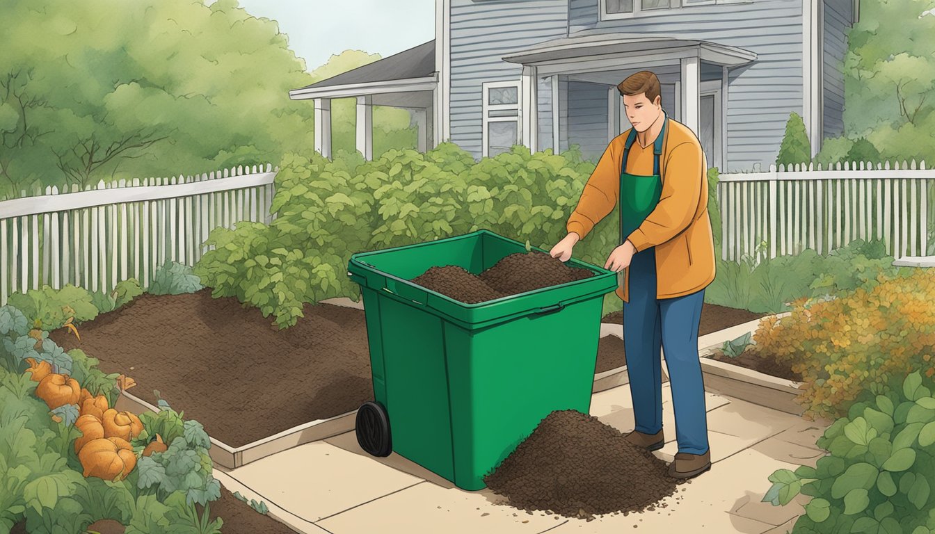 A person placing food scraps and yard waste into a compost bin in a backyard garden in Bridgeport, CT