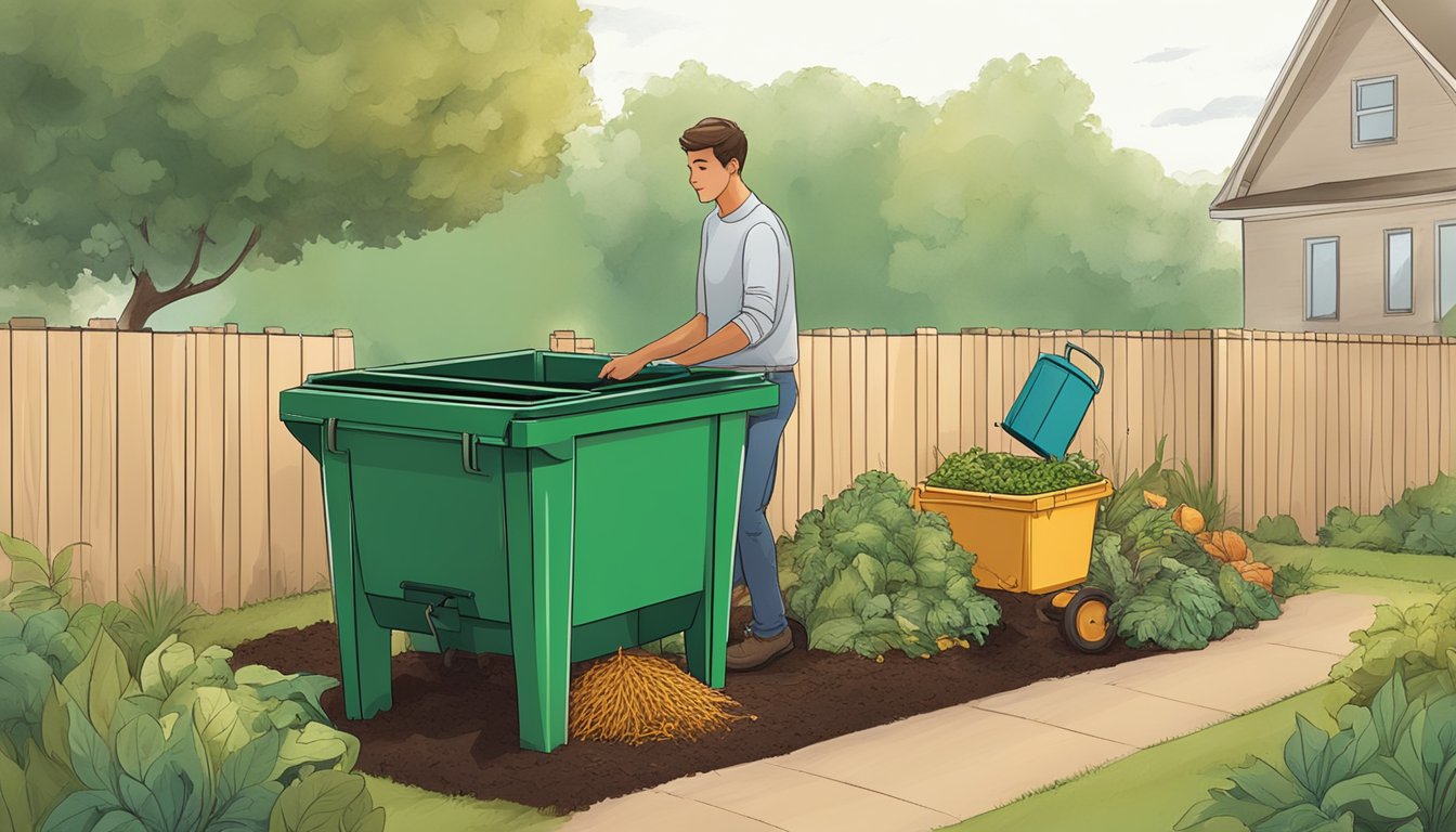 A person placing food scraps and yard waste into a designated composting bin in a backyard garden