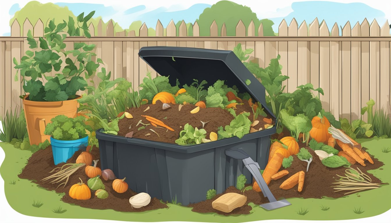 A backyard compost bin surrounded by a variety of food scraps and yard waste, with a shovel and pitchfork nearby