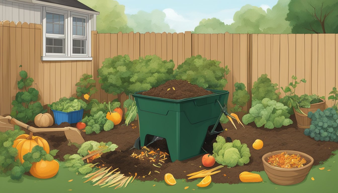 A backyard garden with a compost bin surrounded by various organic materials, including fruit peels, vegetable scraps, and fallen leaves. A person is turning the compost with a pitchfork