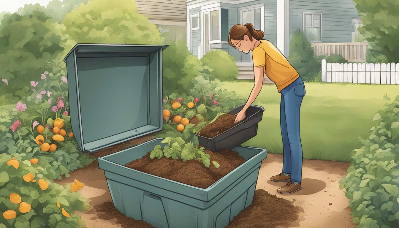 A person placing food scraps and yard waste into a compost bin in a backyard garden