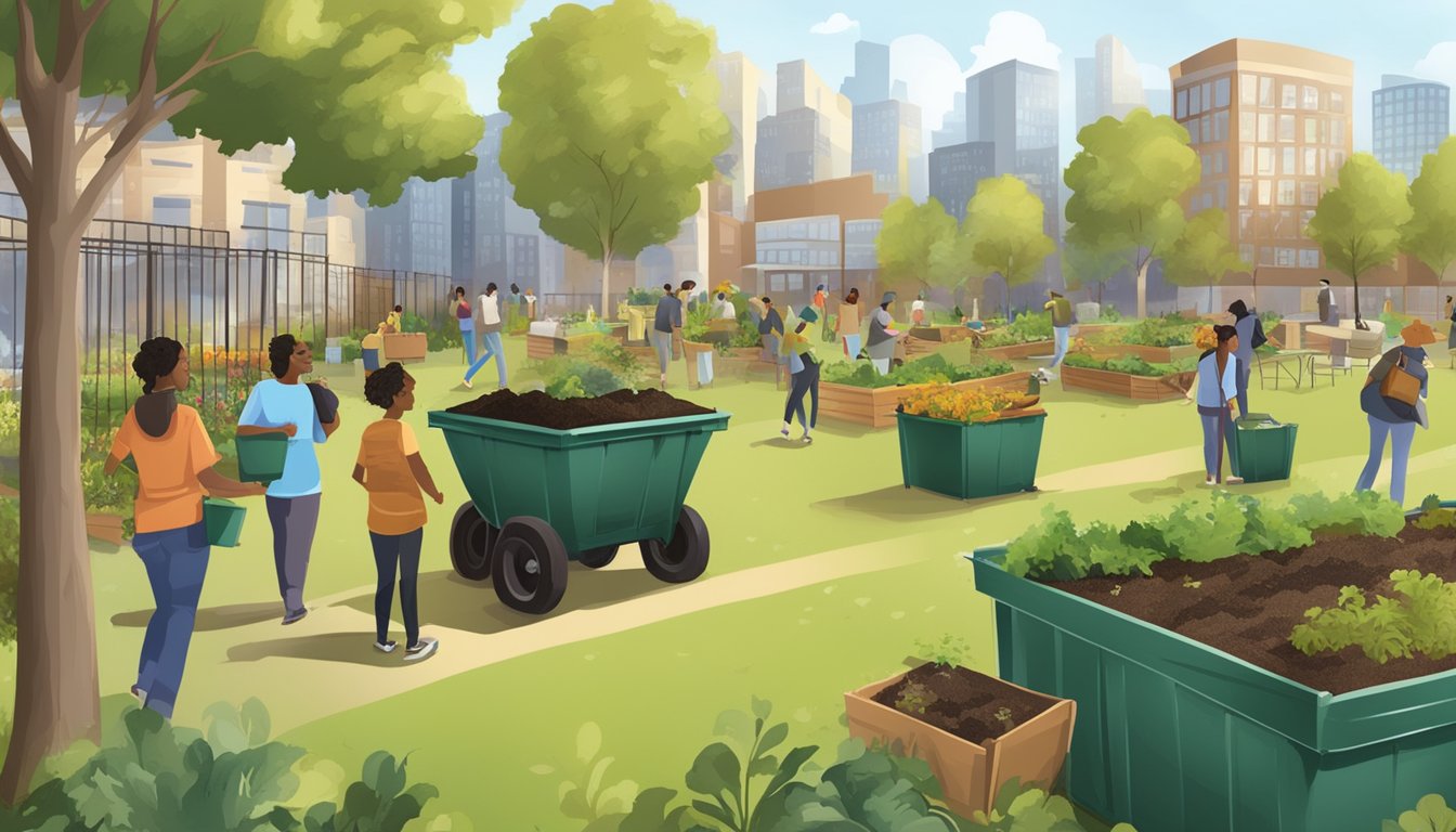 A bustling urban setting with diverse residents composting in community gardens and city parks, with compost bins and educational signage present