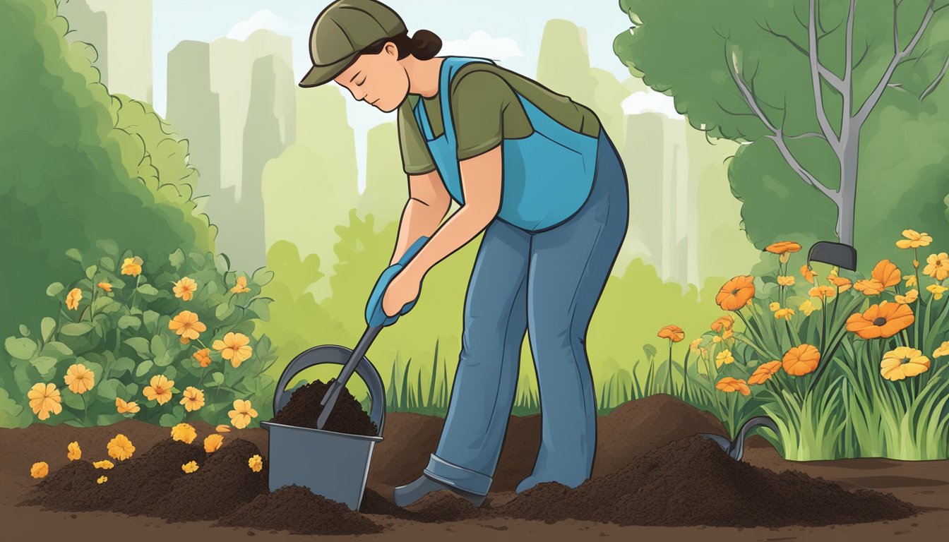 A person mixing compost into garden soil with a shovel