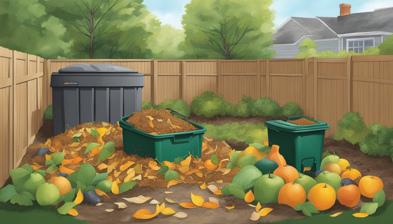 A backyard in New Haven, CT with a compost bin surrounded by various organic waste materials such as fruit peels, grass clippings, and leaves