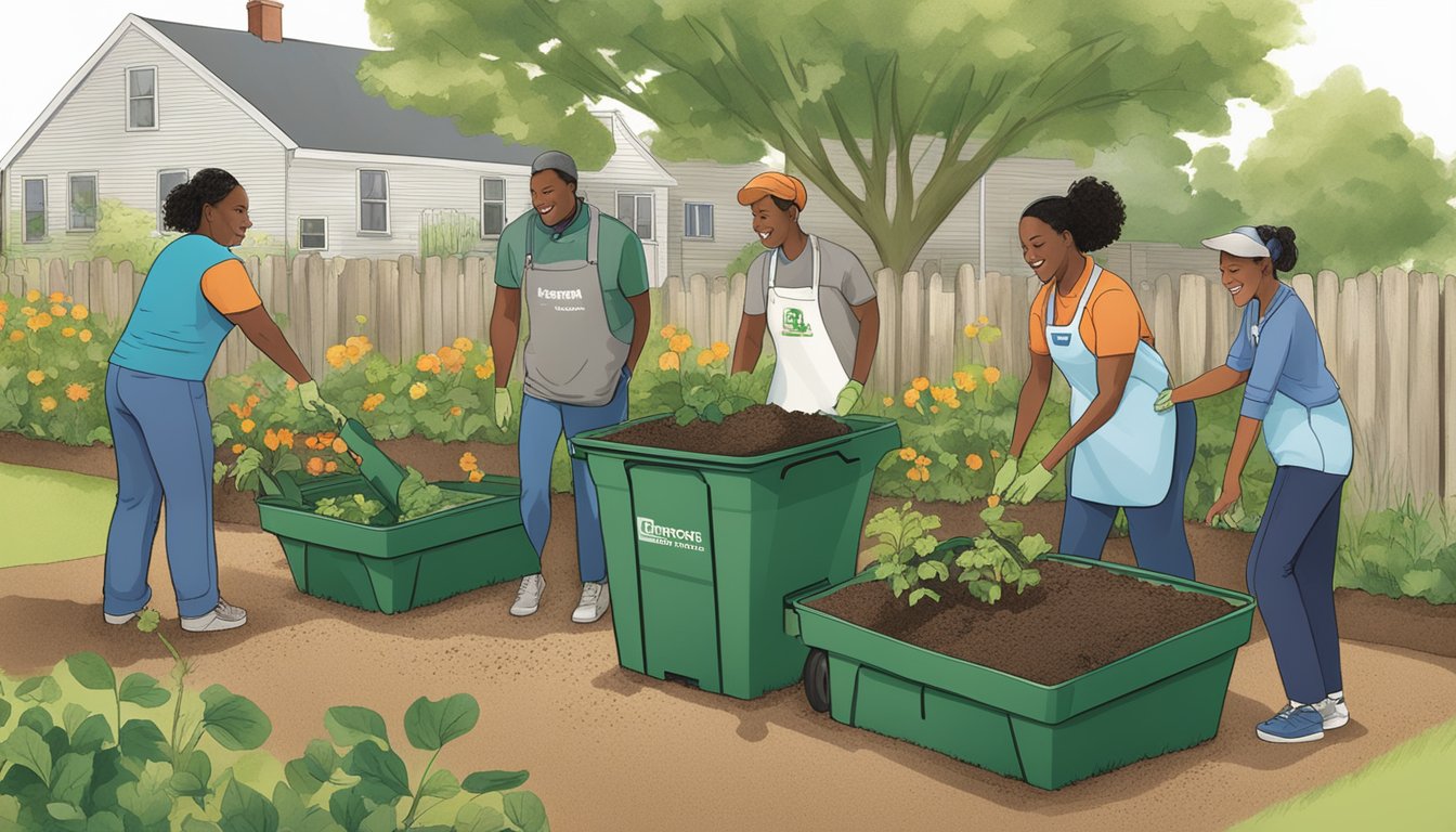 A diverse group of people in Hartford, CT, are seen utilizing composting services in a community garden setting