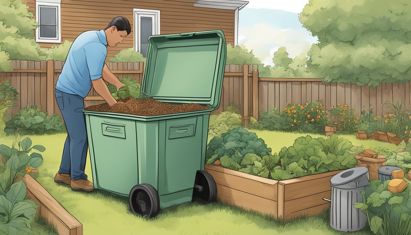 A person placing food scraps and yard waste into a compost bin in a backyard garden in New Haven, CT