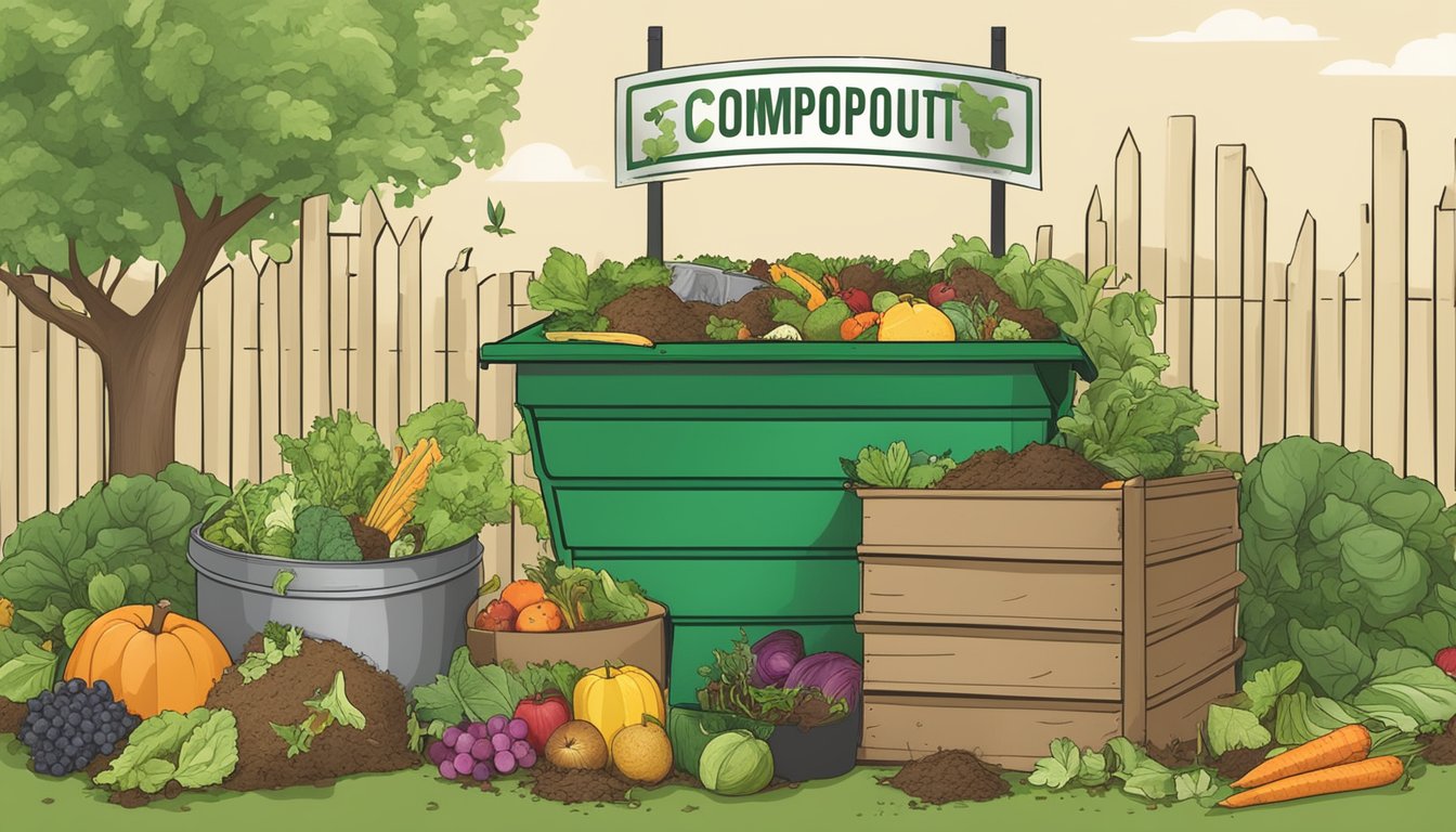 A backyard compost bin surrounded by a variety of organic waste, including fruit and vegetable scraps, leaves, and grass clippings, with a sign displaying Connecticut's composting rules