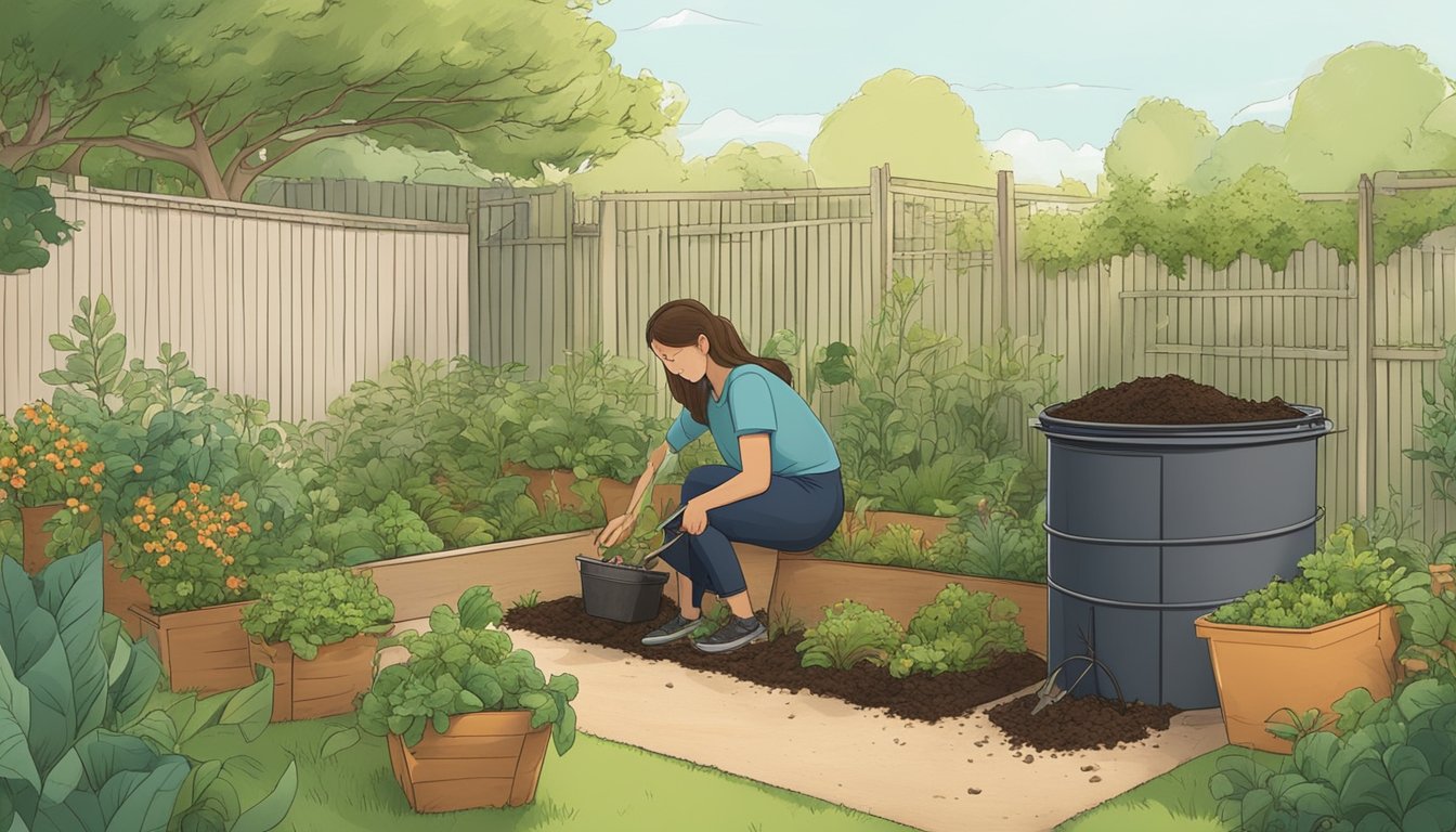 A backyard with a compost bin surrounded by greenery and a small garden, with a person adding food scraps to the compost pile