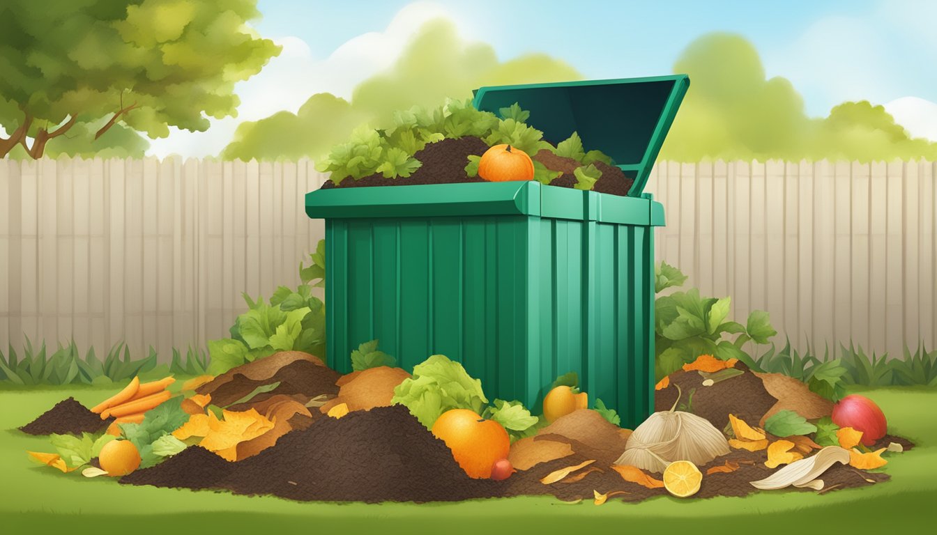 A backyard composting bin surrounded by a variety of organic waste, including fruit peels, vegetable scraps, and yard clippings