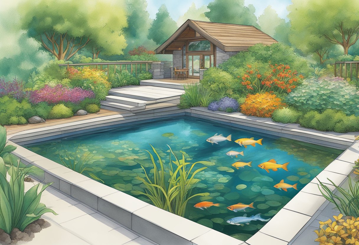 A clear pond with a BioTec ScreenMatic² filter system installed, surrounded by lush green aquatic plants and a variety of colorful fish swimming gracefully