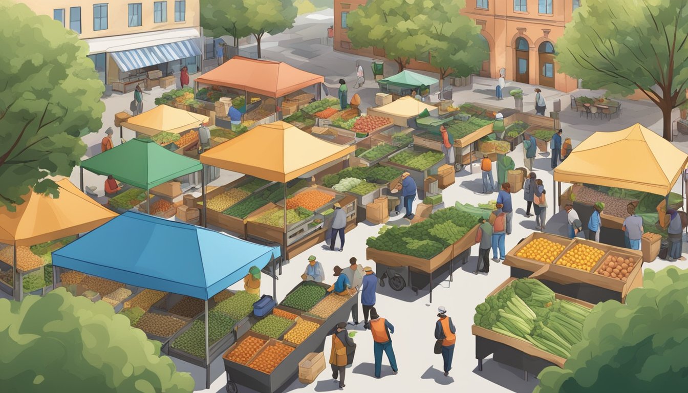 A bustling farmers market with vendors and community members composting food waste into designated bins