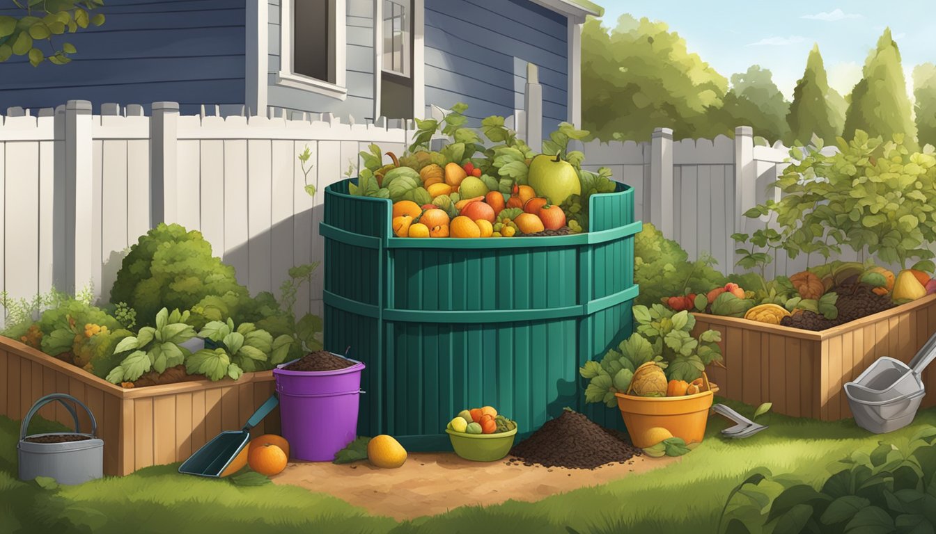 A backyard scene with a compost bin, garden tools, and various organic materials like fruit peels and yard waste