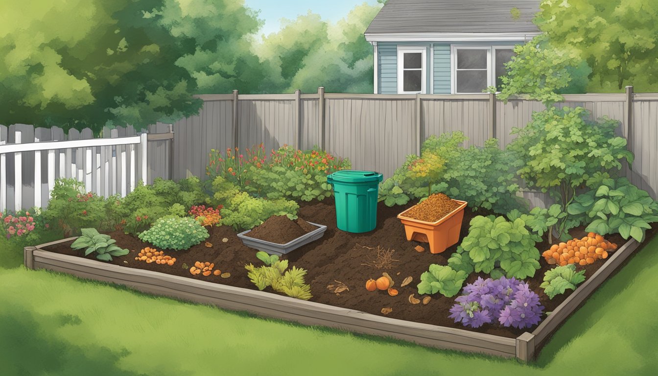 A backyard in Waterbury, CT with a compost bin surrounded by various food scraps, leaves, and other organic materials. A variety of plants and flowers thrive nearby, showing the benefits of composting