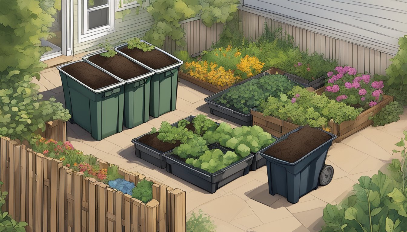 A lush backyard garden in New Haven, CT with multiple composting bins, a variety of organic materials, and a composting guide book open on a table