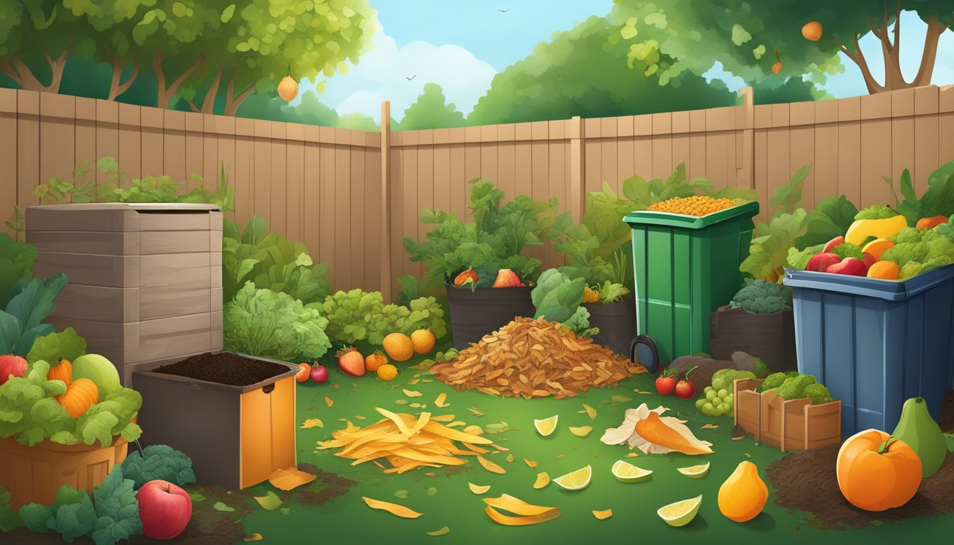 A backyard with a compost bin surrounded by a variety of organic waste, including fruit peels, vegetable scraps, and garden clippings