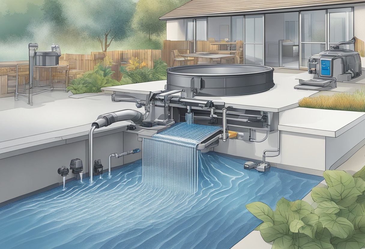 A clear, close-up view of the Oase BioTec ScreenMatic² Filter system in action, with water flowing through the various components and the screen effectively filtering out debris