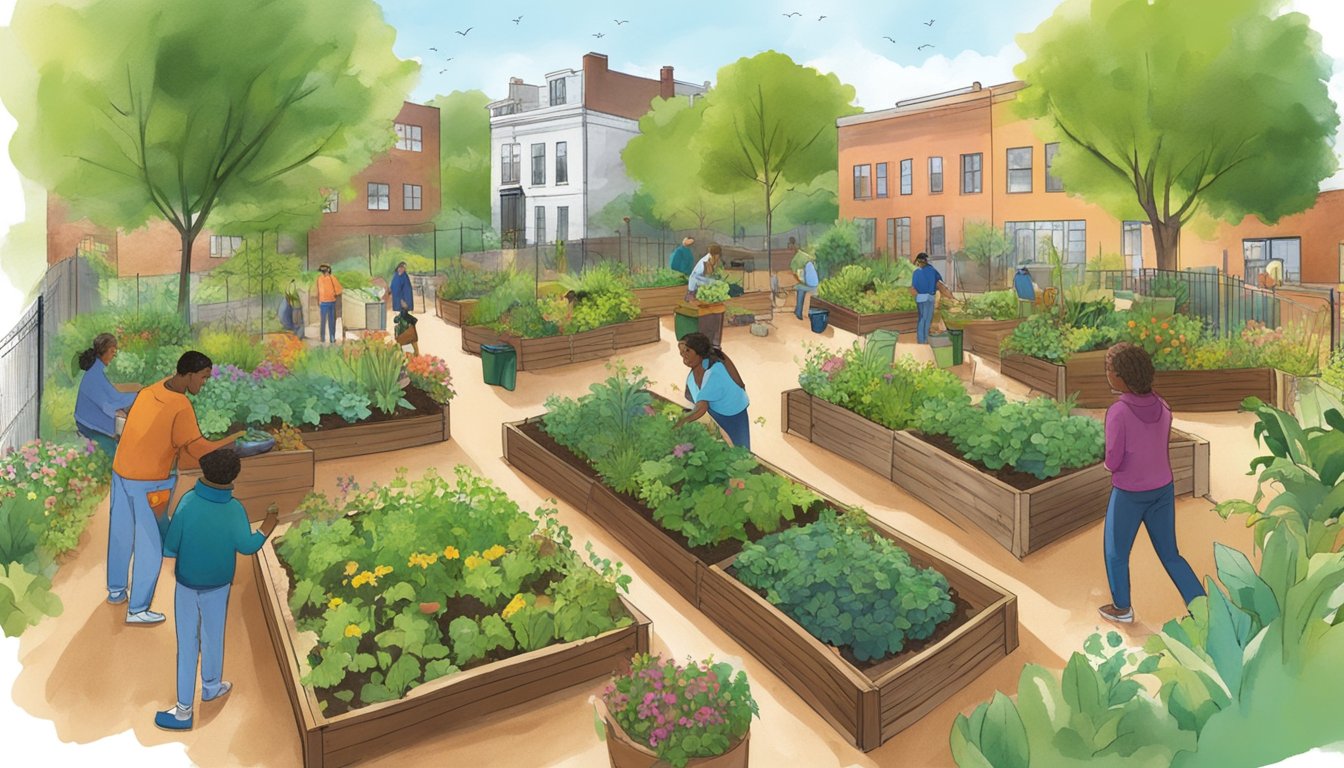 A vibrant community garden in New Haven, CT, with compost bins, a variety of plants, and people tending to the garden