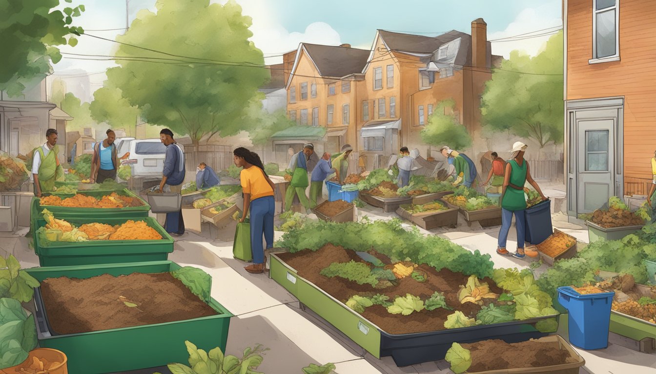 A bustling urban setting with diverse residents composting food scraps and yard waste in designated bins and community gardens