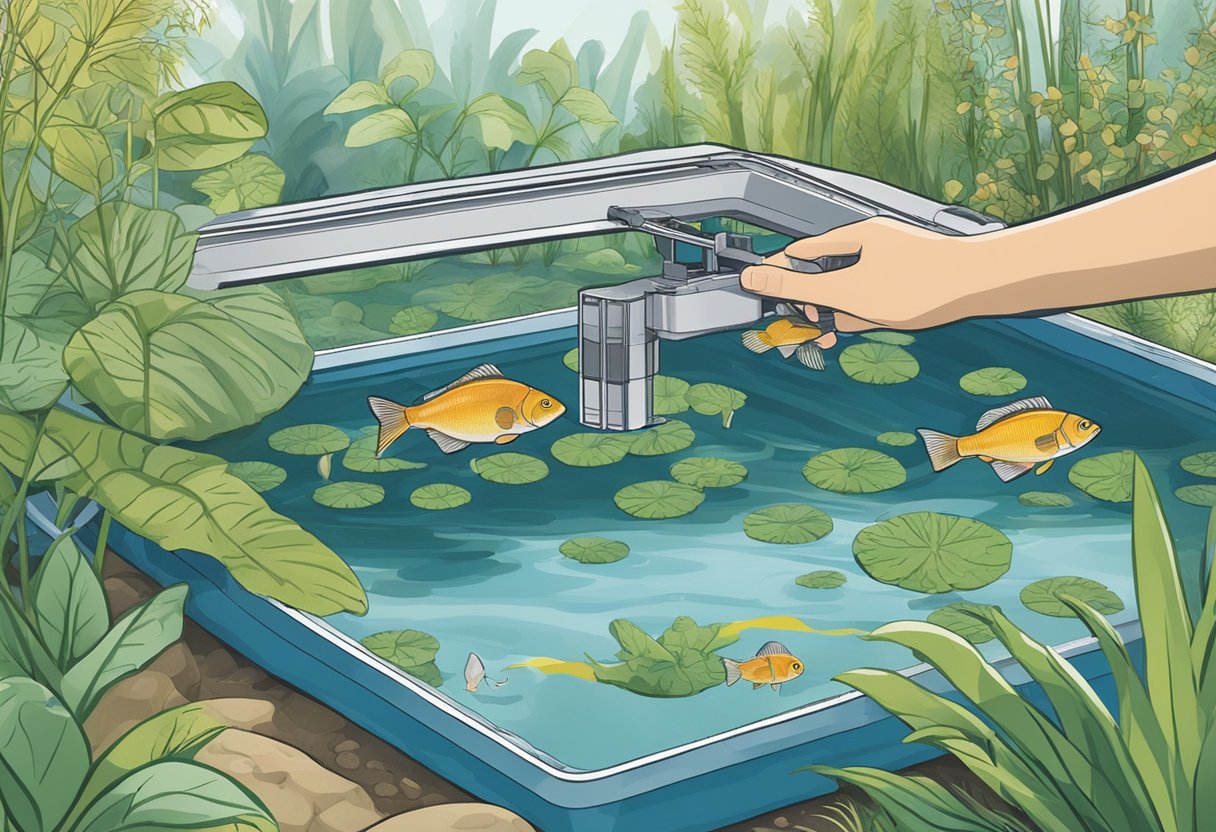 A hand adjusting the Oase BioTec ScreenMatic² filter in a pond with plants and fish in the background