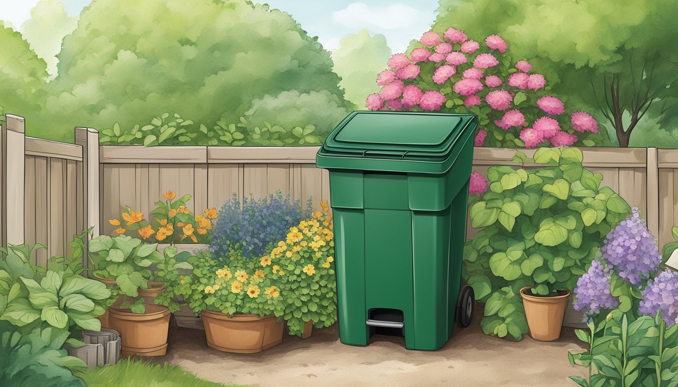 A backyard garden in Stamford, CT, with a compost bin surrounded by lush, thriving plants and flowers. The composting guide is placed next to the bin