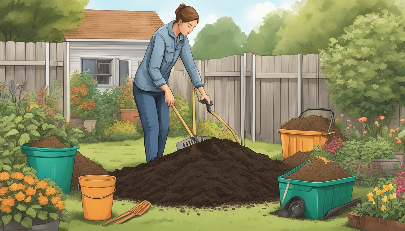 A person turning a compost pile in a backyard with a pitchfork, surrounded by bins, containers, and gardening tools