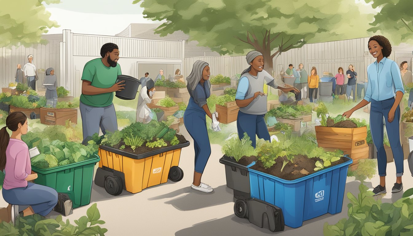 A diverse group of people in Stamford, CT actively participating in composting, surrounded by bins, gardens, and educational materials